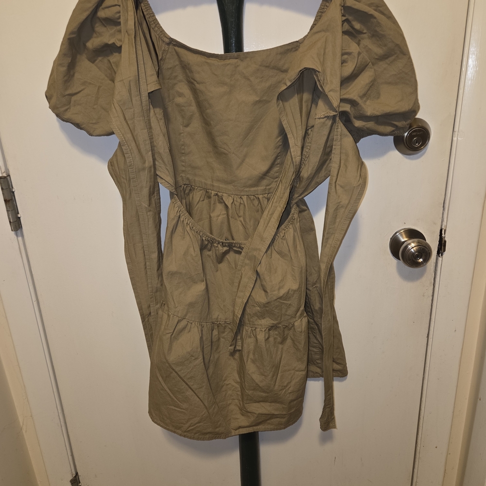 Forever 21 Puff Sleeve Mini Dress Taupe Square Neck Tie Back Size Small
